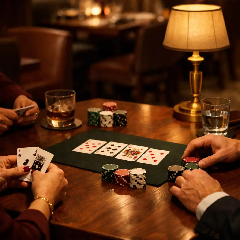 Ruce hostů, karty a sklenice na stole při komorním pokerovém večeru