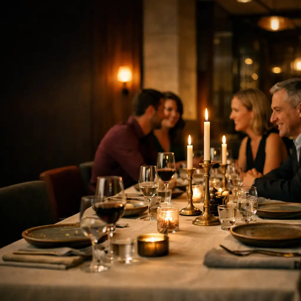 Prostřený večerní stůl s hosty v elegantní restauraci