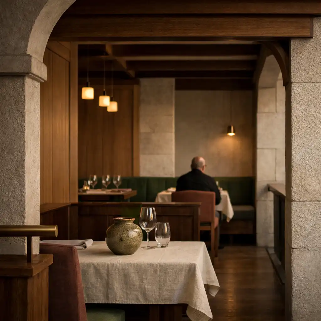 Pohled přes oblouk do interiéru restaurace s dubem, kamenem a prostřeným stolem