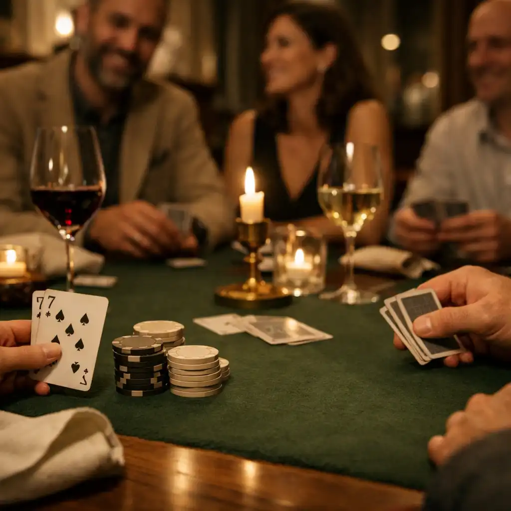 Ruce hostů, karty a sklenice při kultivovaném pokerovém večeru