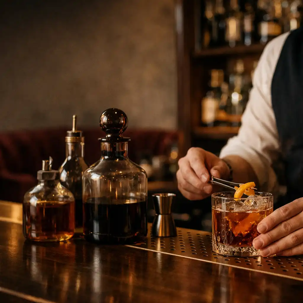 Ruce barmana dokončující drink u baru s kouřovým sklem, ořechem a mosazí