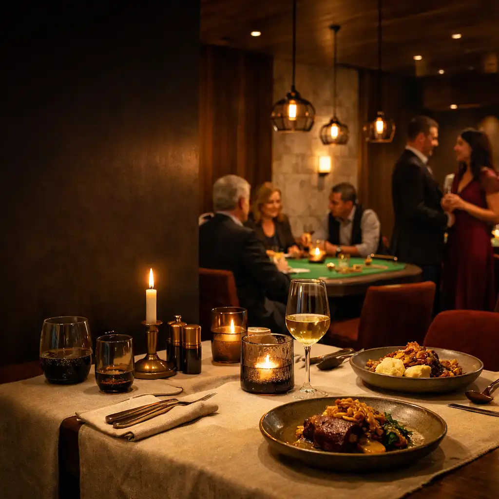 Večerní interiér restaurace se světly nad stoly a hosty v rozhovoru